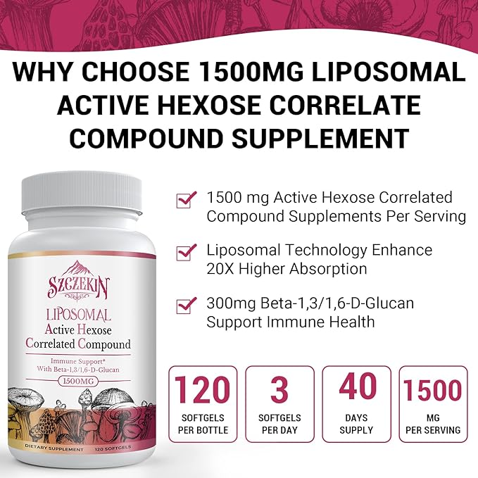 1500mg Liposomal Active Hexose Correlated Supplement960 Soft Gels Beta-Glucans with Natural Mushroom Extract Immune System Liver Function Maintain T-Cell &amp Killer Cell Activity