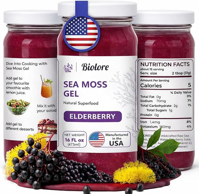 Biolore Wildcrafted Sea Moss Gel - Elderberry 16 oz - Flavored Sea Moss Gel with Essential Vitamins &amp Trace Minerals - Vegan Superfood - Made in USA Gluten-Free No Added Sugar