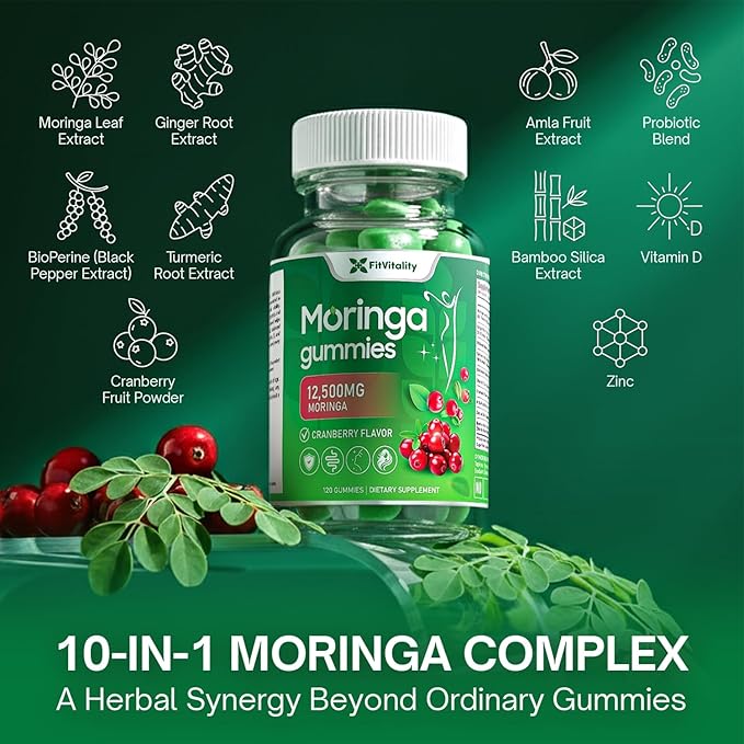 Moringa Gummies with Ginger Turmeric &amp Probiotics | 120 Vegan Sugar-Free Chewables | 12500mg Moringa Equivalent per Serving | Plant-Based Pectin Formula with Vitamin C