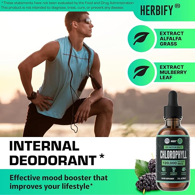 HERBIFY Chlorophyll Drops - Liquid Chlorophyll for Energy Boost &amp Immune System Support - Made in USA - Chlorophyll Liquid Drops for Body Detox Internal Deodorant &amp Enhance Skin - 2 Oz