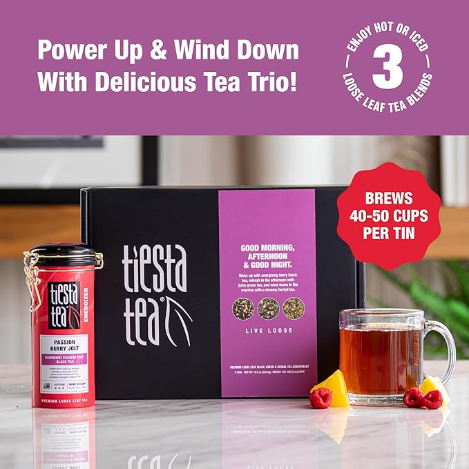Tiesta Tea - Loose Leaf Tea Tin Gift Box High to Non-Caffeinated Assorted Blends 3 Tins for Hot &amp Iced Brews Variety Pack Passion Berry Jolt Fruity Paradise &amp Lavender Chamomile