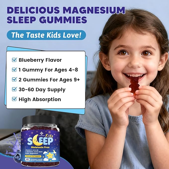 Kids Sleep Gummies Melatonin Free - with Magnesium Glycinate Lemon Balm L-Theanine &amp GABA - Calming Relaxation Support Natural Sleep Quiet Mind - Berry Flavor Non-Habit Forming 120 Count