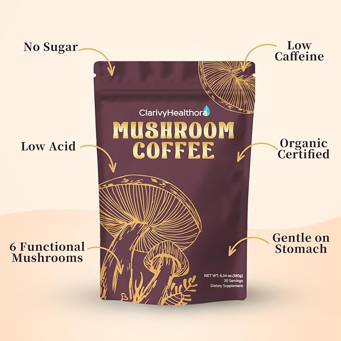 Instant Mushroom Coffee with Lions Mane Turkey Tail 6 Adaptogenic Mushrooms – Mushroom Supplement &amp Powder for Energy Focus Digestion &amp Immunity – 30 Servings