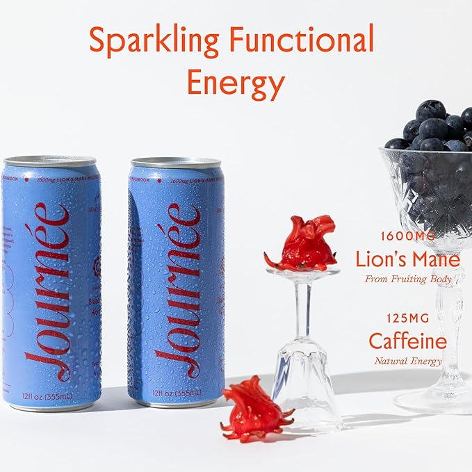 Journée Wellness Energy Drink Natural Caffeine Lion’s Mane L-Theanine 125 mg Caffeine Real Fruit Juice All Natural 0 Added Sugar Cognition Immunity - Blueberry Hibiscus – Pack of 12