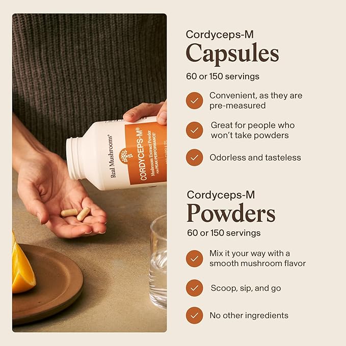 Real Mushrooms Capsules Supplements - Organic Cordyceps Mushroom Powder in Capsules - Energy and Performance Mushrooms with Verified Beta Glucans - Vegan Non-GMO 300 Capsules