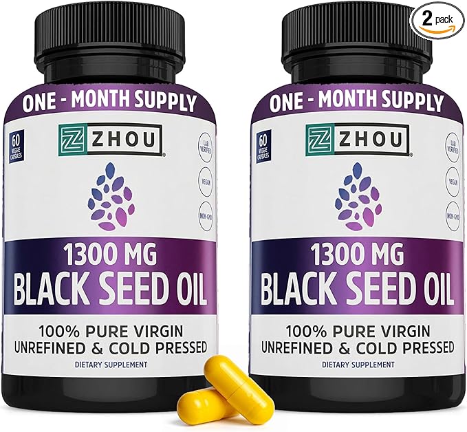 ZHOU Black Seed Oil Capsules - Black Cumin Seed Oil Cold Pressed Nigella Sativa Pure Unrefined Blackseed Premium Supplement for Health Hair &amp Skin w/Thymoquinone - 60 Capsules (Pack of 2)