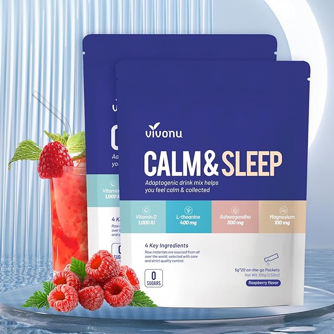 Calm &amp Sleep Powdered Drink Mix Raspberry L Theanine Ksm-66 Ashwagandha Magnesium Glycinate Vitamin D 3 Supplements for Relaxation &amp Focus No Sugar Non GMO