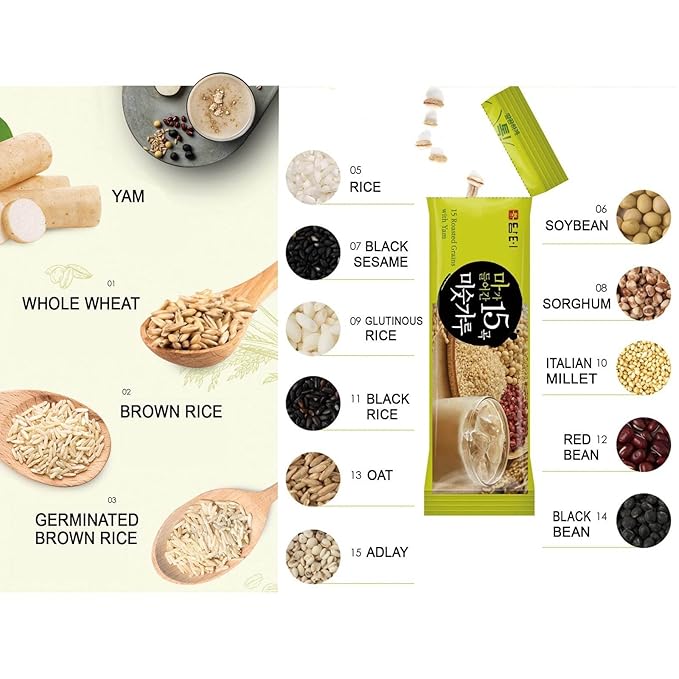 Damtuh Korean Grain Drink Mix Bundle – 15-Grain Misugaru Powder + Walnut Almond Adlay Tea (Job’s Tears/Yulmu) Powder Latte-Style Drink Caffeine-Free 18g x 50 / 20g x 40 Stick Packs