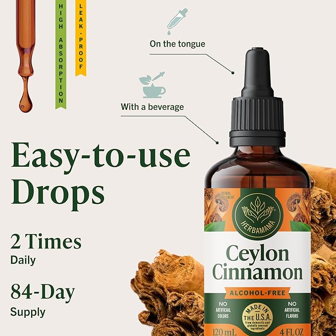 HERBAMAMA Ceylon Cinnamon Extract Liquid - Cinnamon Drops for Antioxidant &amp Overall Support - Non-GMO Alcohol &amp Sugar-Free Supplement 84-Day Supply
