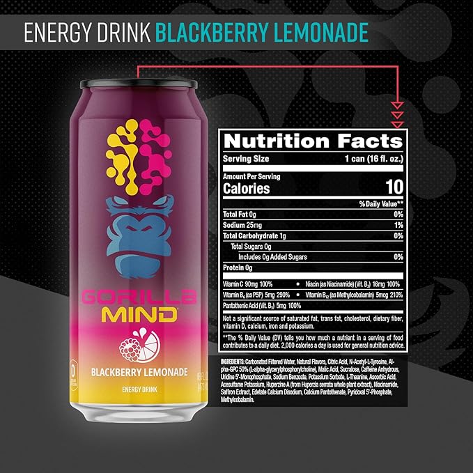 Gorilla Mind Energy Drink | Unmatched Energy · Amplified Focus | N-Acetyl-L-Tyrosine Alpha-GPC 200mg Caffeine Uridine Saffron | 0 Sugar Or Artificial Colors | 16oz 12-Pack (Blackberry Lemonade)