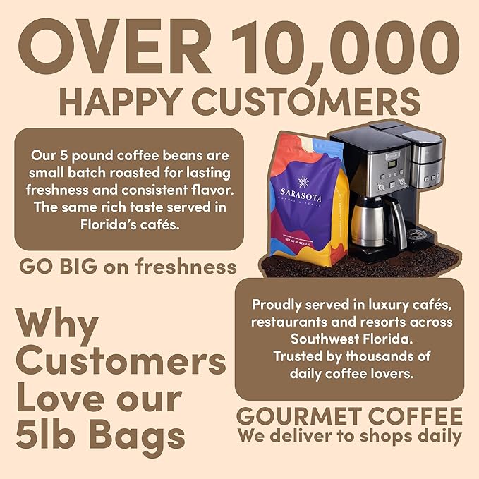 Sarasota Coffee Whole Bean Vanilla Hazelnut | Medium Roast Gourmet Flavored Coffee Beans | Low Acid Mold Free Specialty Grade Bulk Beans | 5lb (80 oz)