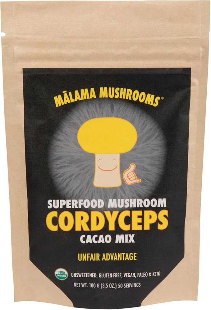 Malama Organic Mushroom Hot Cacao Mix Cordyceps Mushroom Powder with Fair Trade Cacao Supports Energy &amp Immune Health – Vegan Supplement &amp Superfood Non GMO 3.5 oz (50 Servings)