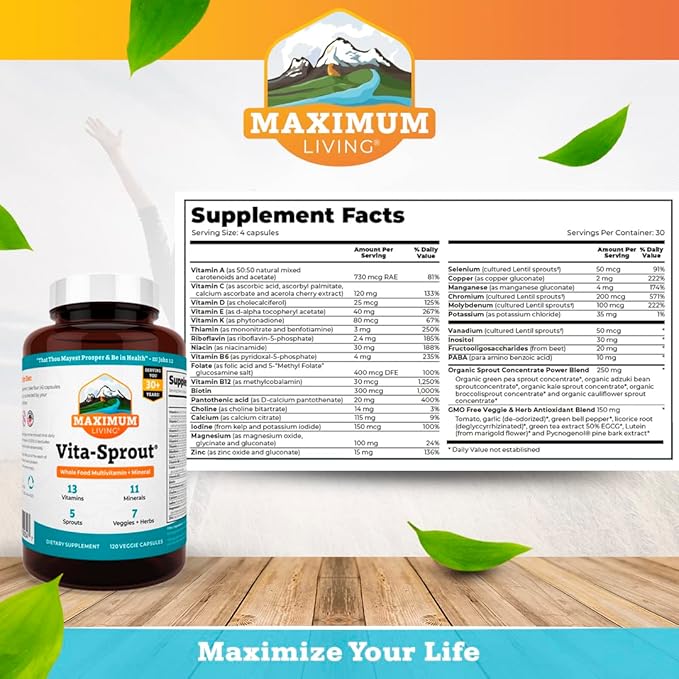 Maximum Living - Vita-Sprout Whole-Food Multivitamin &amp Phytonutrient Blend - 120 Capsules