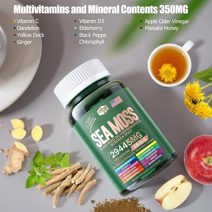 Sea Moss 12000mg Black Seed Oil 6000mg Ashwagandha 3000mg Turmeric 1000mg Bladderwrack 2000mg Burdock 3000mg &amp Vitamin C &amp D3 with Elderberry Manuka Dandelion Yellow Dock Iodine Chlorophyll AC