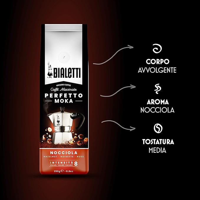 Bialetti - Perfetto Moka Nocciola: Gemahlener Kaffee mit mittlerer Röstung Haselnuss-Aroma 250g x 6 Beutel mit Aromaschutzventil