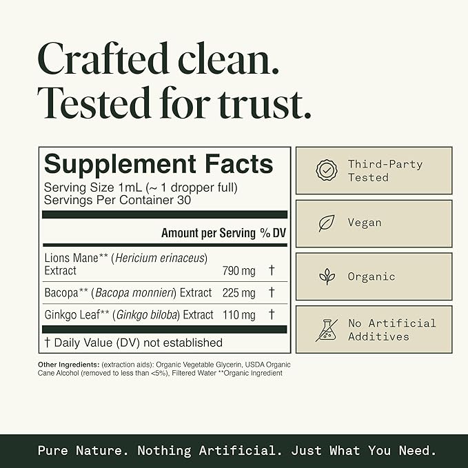 Fantastic Fungi Organic Mushroom Tincture - Mindful Elixir with Lions Mane Mushroom Extract Bacopa &amp Ginkgo Leaf - Drops for Focus Clarity &amp Memory Support - Formulated in USA 30 Servings