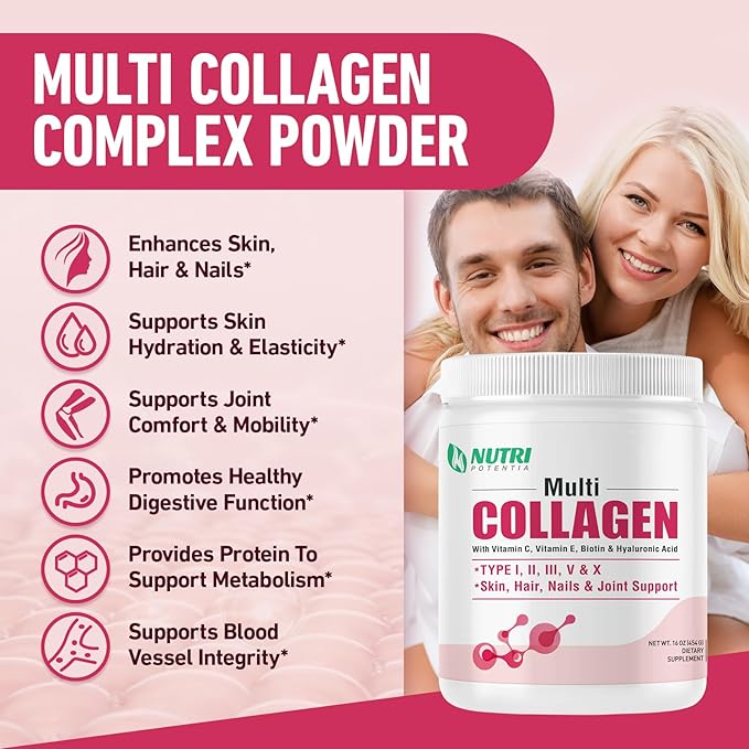 Multi Collagen Peptides Powder - Type I II III V X with Vitamin C E &amp Hyaluronic Acid Hair Skin Nail Support | Unflavored Non-GMO Easy Mix - 45 Servings