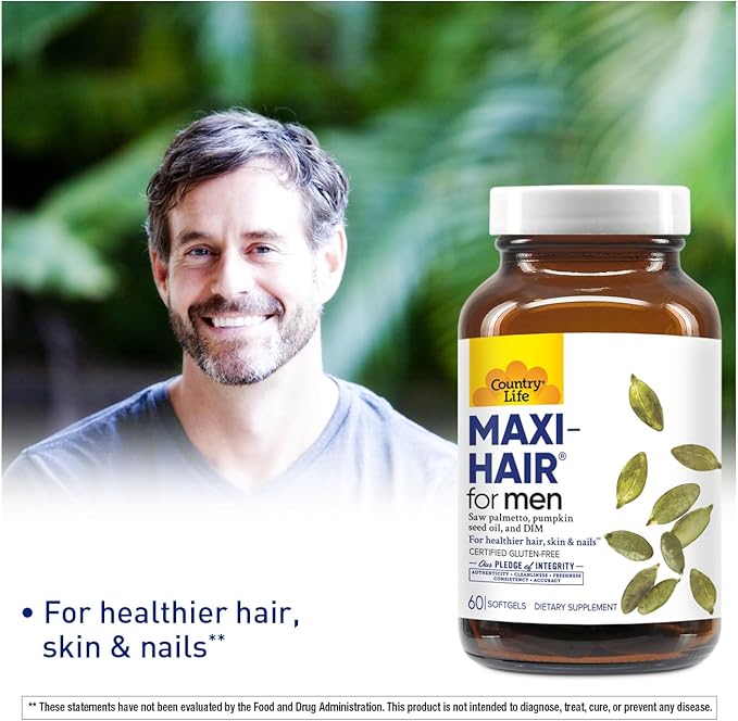Country Life Maxi-Hair for Men - 2000mcg Biotin Saw Palmetto Pumpkin Seed Oil DIM Potassium Magnesium Calcium &amp Zinc Blend - Supports Healthier Hair Scalp Skin &amp Nails 60 Vegan Capsul