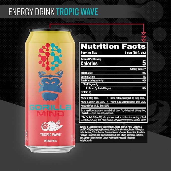Gorilla Mind Energy Drink | Unmatched Energy · Amplified Focus | N-Acetyl-L-Tyrosine Alpha-GPC 200mg Caffeine Uridine Saffron | 0 Sugar Or Artificial Colors | 16oz 12-Pack (Tropic Wave)