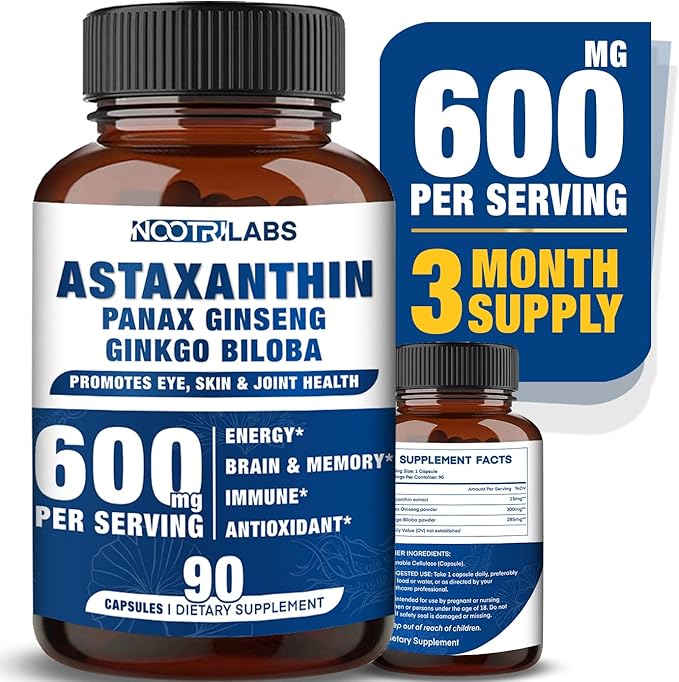 Astaxanthin 15mg + Panax Ginseng Ginkgo Biloba Supplements 90 Vegan Capsules Promotes Eye Health Energy Cardiovascular Support + Immune Defense and Focus