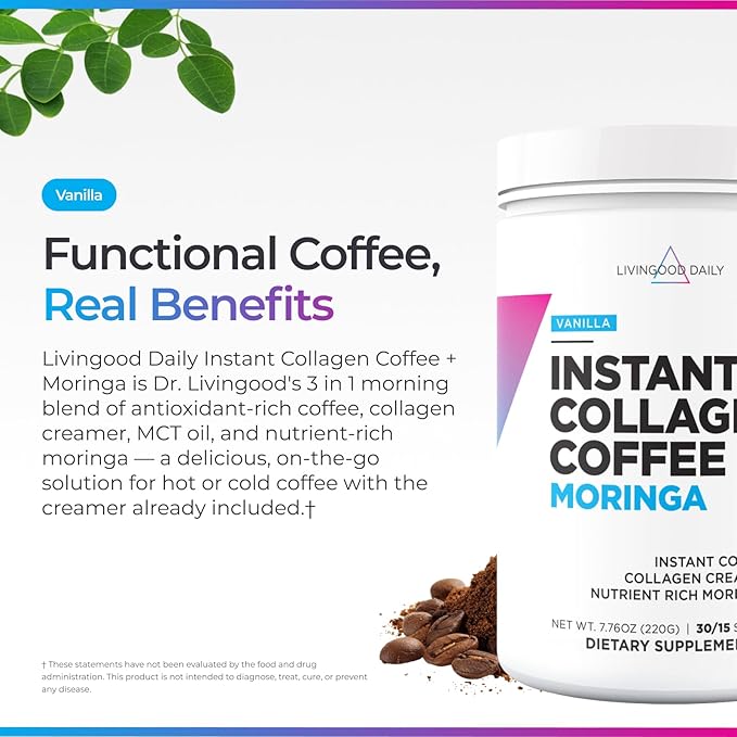 Livingood Daily Instant Collagen Coffee with Moringa Vanilla - Instant Ground Coffee - Low Acid Shade Grown &amp Made with Organic Coffee - Metabolism Detox &amp Energy Boosting - 12 Oz