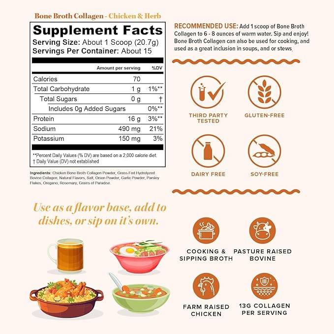 Vitauthority Bone Broth Collagen Delicious Chicken Noodle Flavored - Packed with 16g of Protein &amp Types I II III - Nourishes Skin Hair Nails Joints &amp Gut - Beef BoneBroth