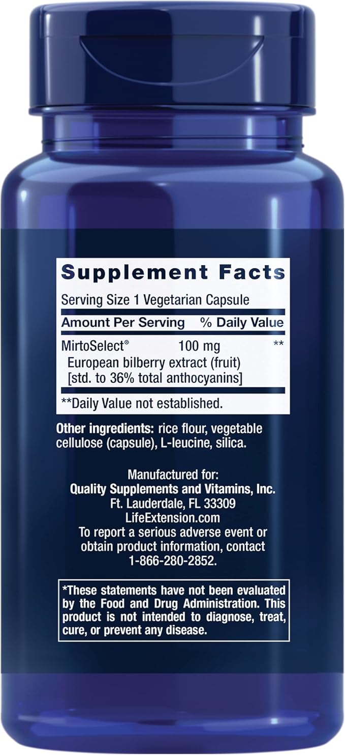 Life Extension Standardized European Bilberry Extract 100 mg MirtoSelect® Vaccinium myrtillus Eye Health Circulation Lubrication Gluten-Free Non-GMO Vegetarian 90 Capsules