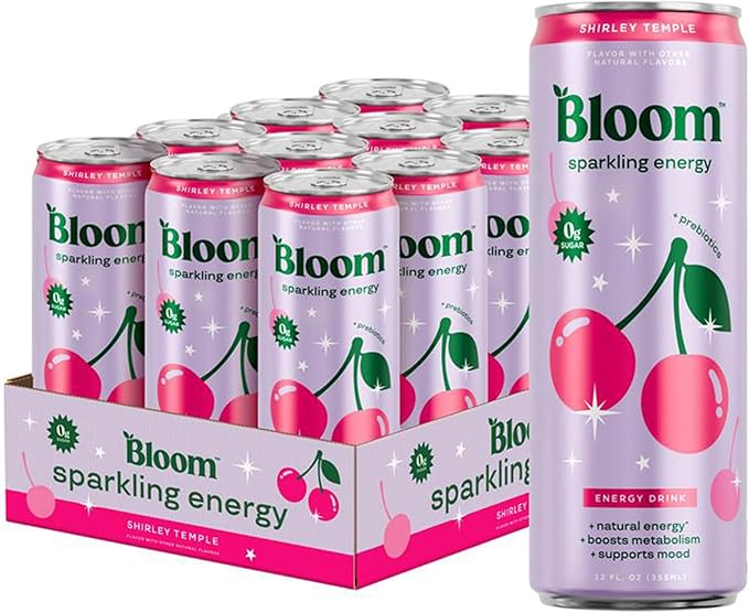 Bloom Nutrition Sparkling Energy Drink - Natural Caffeine Zero Sugar 180mg Caffeine - Antioxidant-Rich with Green Coffee Bean Green Tea Extract Prebiotics - Shirley Temple- 12oz 12 Pack