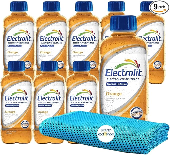 Electrolit Orange Hydration Drink with Electrolytes 21 fl oz Plastic Bottles 9 Pack + 1 Microfiber Cooling Towel by KOOL8SHOP Infinite Deals