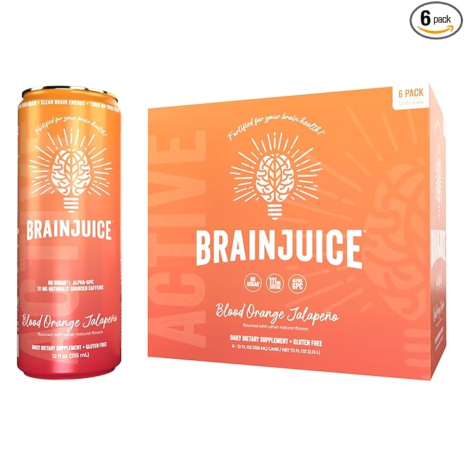 Brainjuice Brain Health Support Drink for Energy &amp Focus Vitamin C B5 B6 &amp B12 L Theanine Alpha GPC CoQ10 &amp Green Tea Caffeine Gluten Free Vegan Blood Orange Jalapeno 12 Oz Can