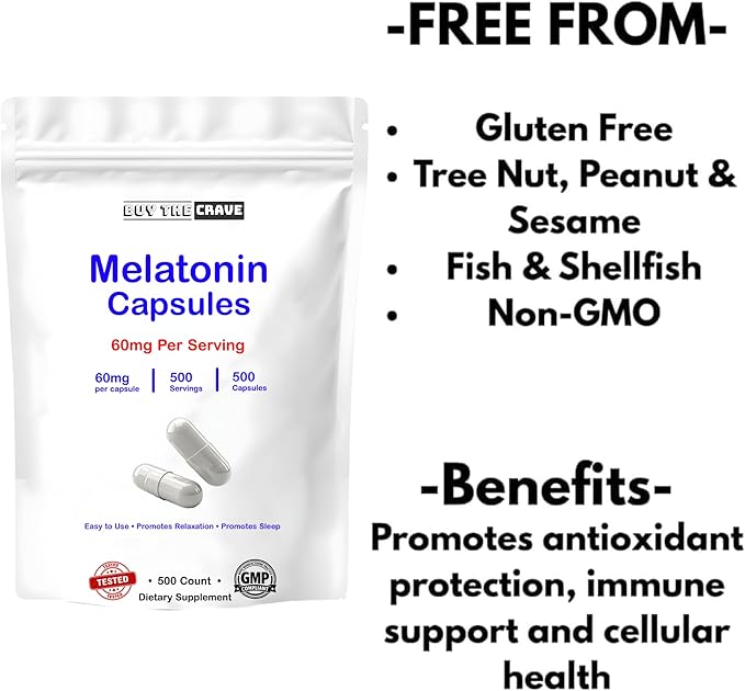Melatonin 60mg Extra Strength Capsules 500 Counts Easy to Swallow &amp Fast Dissolve | Vegetarian Friendly Non-GMO &amp No Gluten