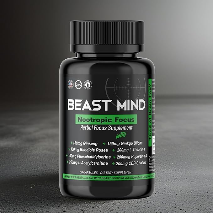 Beast Mind Focus Clarity Nootropic Blend | Ginkgo Biloba | Huperzine A | Rhodiola | Citicoline | L-Theanine | Enhanced Focus &amp Clarity &amp Cognitive Function Labs