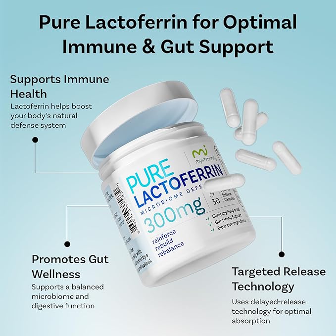Pure Lactoferrin Microbiome Defense - 300mg Delayed Release Capsules Non-GMO Iron Absorption &amp Immune System Support Lactoferrin Supplements for Adults Gluten-Free (30 Capsules)