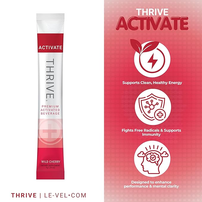 Thrive Activate - Focus &amp Energy Drink Powder Mix with Real Flavor 30 Packets- Enhanced Energy Performance Vitamin C Vitamin E B12 for Mental Clarity (30 Packet Wild Cherry)