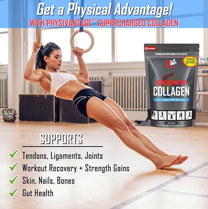PhysiVantage Supercharged Collagen Peptides Powder - Hydrolyzed Collagen for Joint Tendon Ligament &amp Skin Health Support - Peach Mango Keto Paleo 16oz | Enhanced with Vitamin C BCAAs Grass