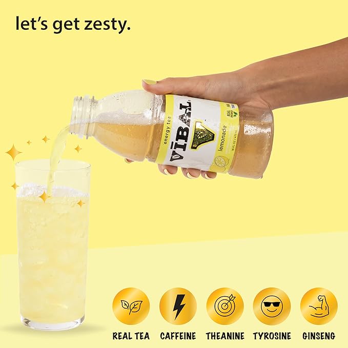 VIBAL ENERGY TEA Lemonade 16 Fl Oz 6-Pack Natural Energy High Caffeine Ginseng Theanine Low Sugar Low Carb Low Calorie Adaptogens Nootropics