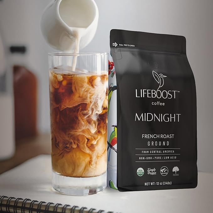 Lifeboost Midnight French Roast Coffee Ground - Non-GMO Single Origin USDA Organic Low Acid Coffee French Roast - Third Party Tested For Mycotoxins &amp Pesticides - 12 Ounces