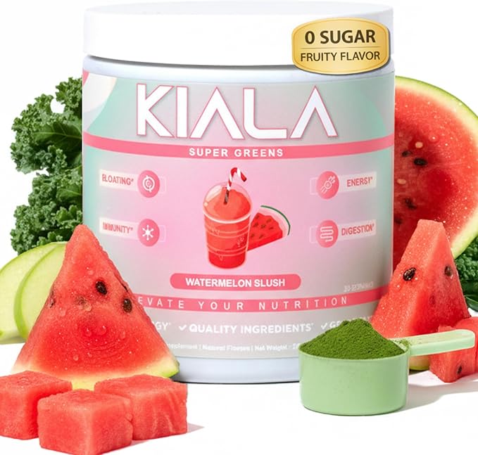 Kiala Nutrition Super Greens Organic Greens Powder with Spirulina &amp Chlorella for Digestion Gut Health Immunity Adaptogens Energy Gluten Free Vegan Sugar Free Watermelon Slush 30 Serving