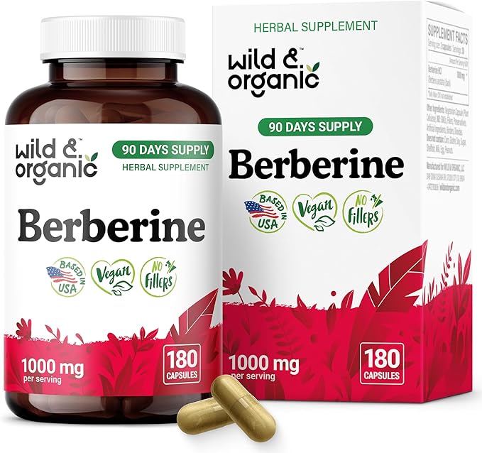 Wild &amp Organic Berberine Supplement Capsules 1000 mg - Antioxidant &amp Overall Support - Pure Berberine HCL Powder - 90 Days of Supply - Berberis Aristata Bark - Vegan No Fillers Non-GMO - 180