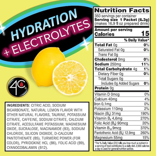 4C Powder Energy Rush Stix Energy Rush - Lemonade Electrolyte 350 Count Bulk Buy Singles Stix On the Go Refreshing Water Flavorings Value Pack