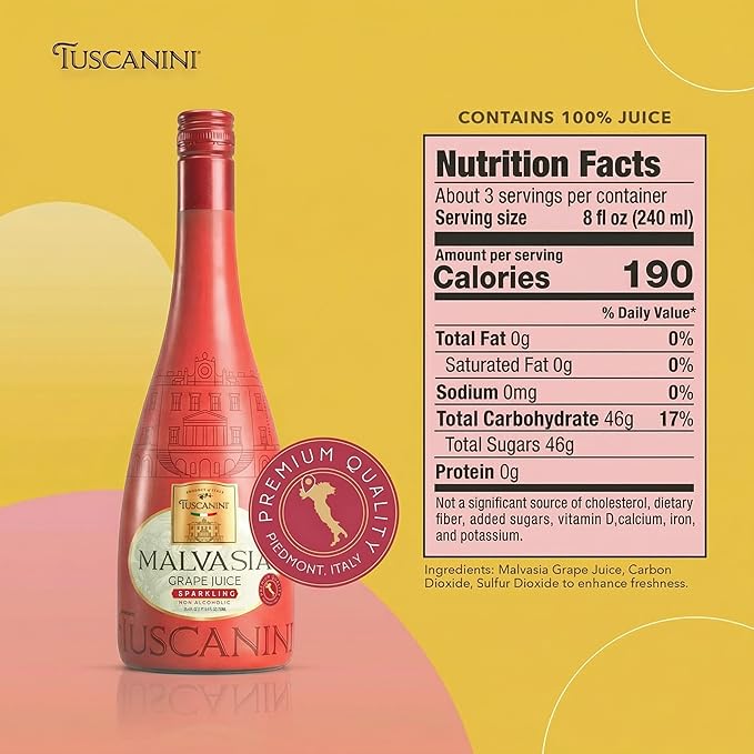 Tuscanini Italian Sparkling Malvasia Grape Juice 25.4 oz (2 Pack) | Non-Alcoholic Celebration Drink | Elegant Champagne Bottle | Imported from Italy | Great for Mocktails | Kosher