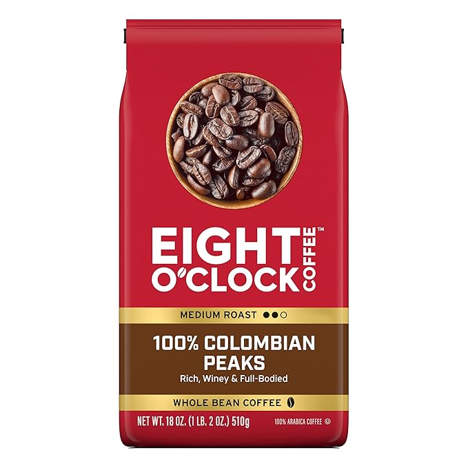 Eight O'Clock Coffee 100% Colombian Peaks Medium Roast Whole Bean Coffee 100% Arabica Kosher Certified 18 Ounce (Pack of 1)