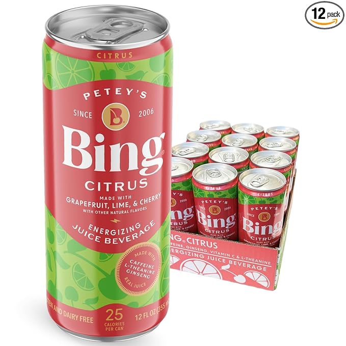 BING Citrus Energizing Juice Beverage – Grapefruit &amp Lime (12oz/12pk) – Made with REAL Juice! Only 2g added Sugar Low Calorie L-Theanine + Ginseng+ Caffeine + Taurine Vegan Gluten + Dairy Free