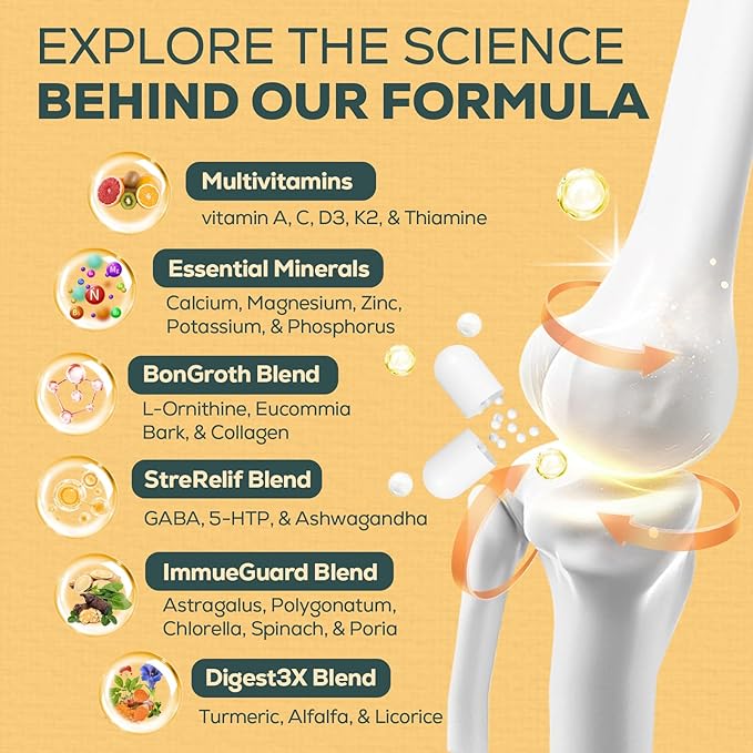 25-in 1 Bone Strength Supplement - for Natural Growth Digestion and Stress - High Absorption - Calcium Magnesium Zinc Ashwaganda and Multivitamins for Age 12+ | 2 Bottles