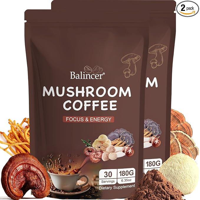 Mushroom Coffee 6 Adaptogenic Mushrooms (Lion's Mane Cordyceps Turkey Tail &amp Other) Mixed with Premium Instant Coffee for Focus Energy Immune and Gut Health Support 60 Servings