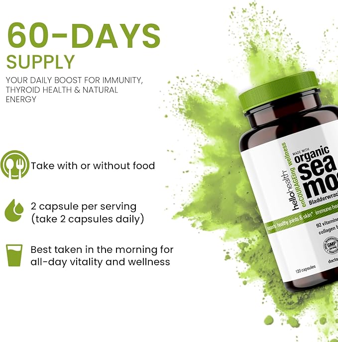 Organic Irish Sea Moss Capsules: Wildcrafted Sea Moss Burdock Root &amp Bladderwrack Prebiotic Super Food for Immune Support Thyroid Support Natural Energy -120 Caps