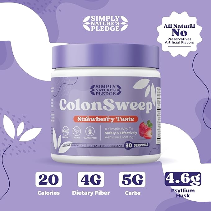 ColonSweep - Strawberry Flavored Probiotic Psyllium Husk Powder Colon Cleanser7.8 oz. Fiber Supplement Support for Gut Health - Cleanse for Bloating Relief &amp Detox- 30 Servings (Pack of 2)