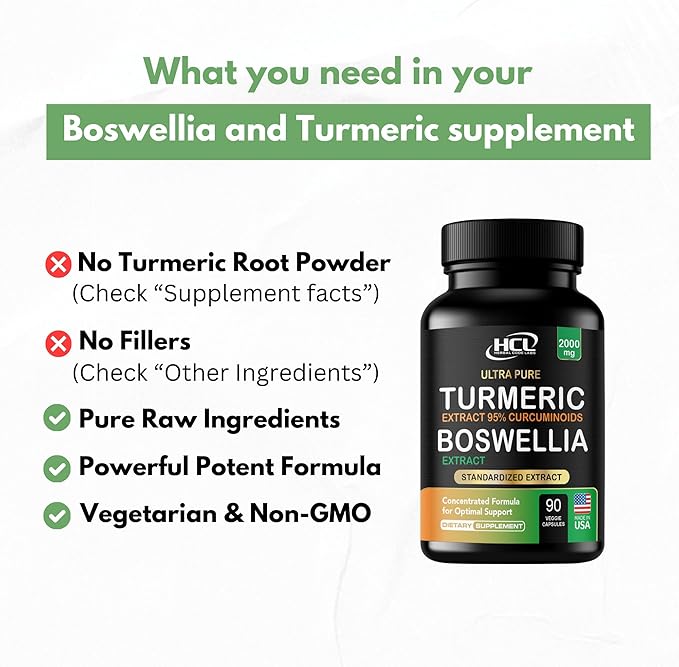 Turmeric Boswellia Extract Supplement 2000 mg – Extra Strength Boswellia Serrata with Turmeric Curcumin - 95% Curcuminoids with Boswellia Extract Capsules - Standardized High Potency - Made in USA