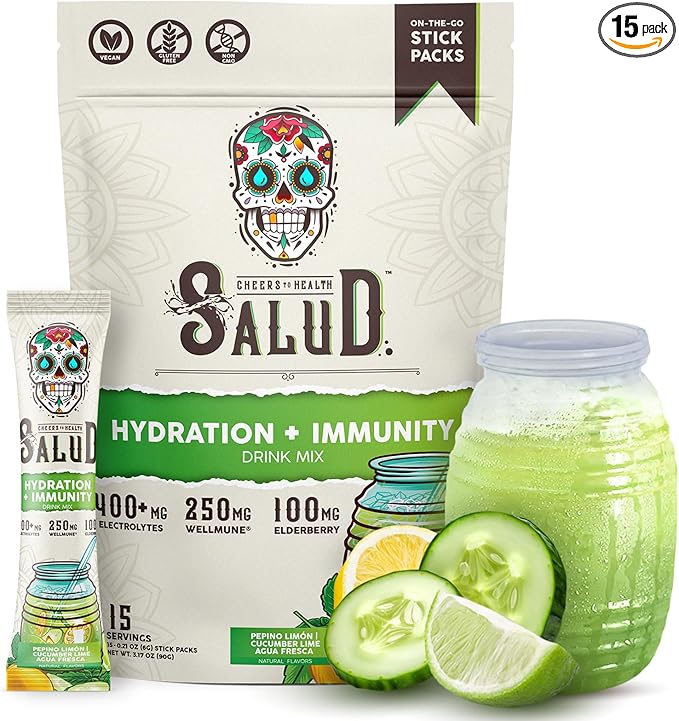 Salud 2-in-1 Hydration Packets + Immunity Electrolytes Powder Cucumber Lime - Agua Fresca Drink Mix Elderberry Dairy &amp Soy Free Non-GMO Gluten Free Vegan Low Calorie 1g Sugar (15 Servings)