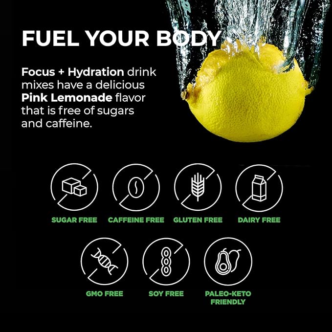BrainTree Nutrition - Focus + Hydration - Electrolyte Drink Mix - Total Body Hydration - Supports Cognitive Function Energy &amp Muscle Recovery - Sugar Free - Pink Lemonade - 30 Stick Packs